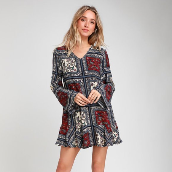 Cream and Plum Multi Print Long Sleeve Shift Dress - Picture 1 of 4